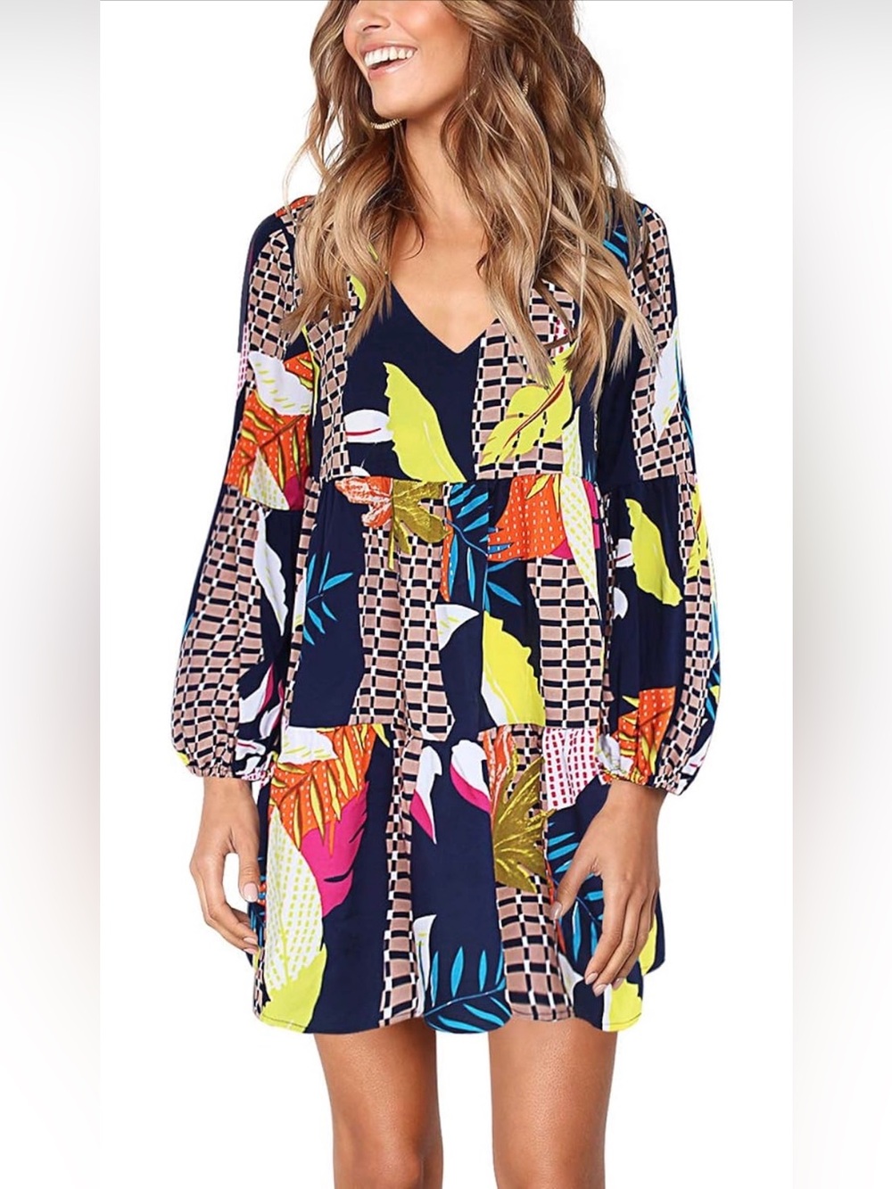 Womens Patterned Swing Shift Long Sleeve V Neck Tunic Dress, Size L